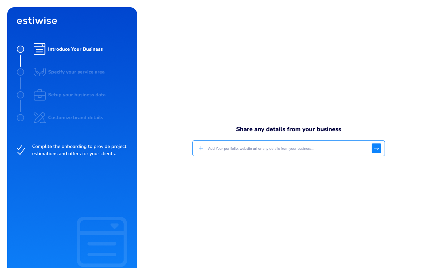 Az EstiWise vállalkozói felület mockup-ja — onboarding-tól az élesített kalkulátorig
